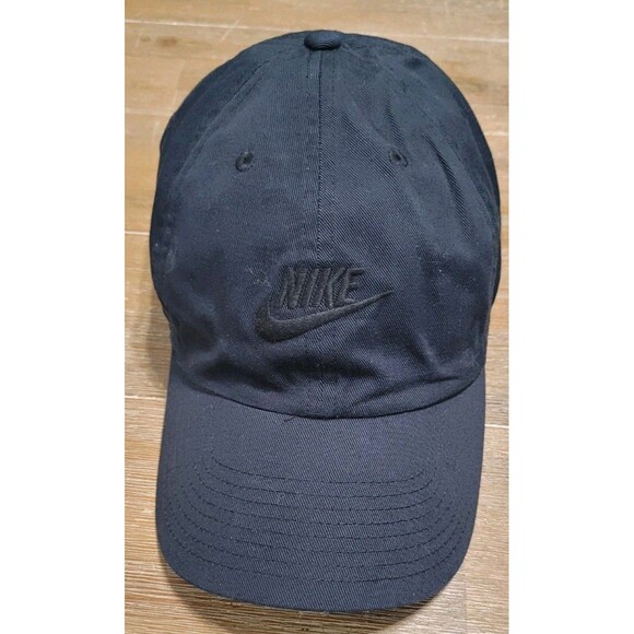 Nike Club Cap Unstructured Nike Check Logo ALL BLACK Hat Size M/L BLACKOUT - Picture 1 of 5